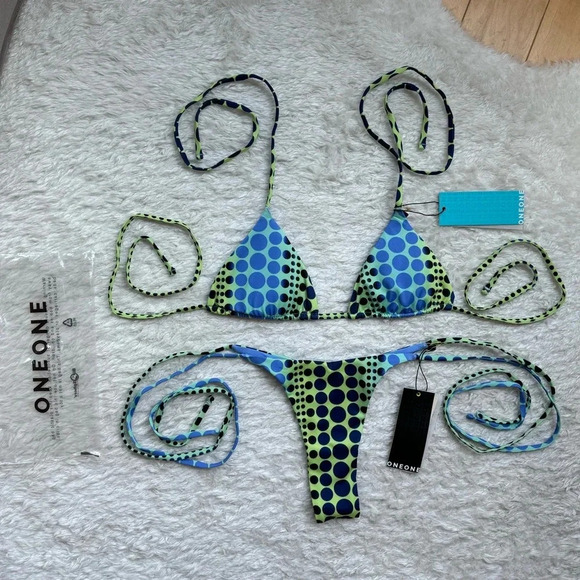 NWT OneOne Swimwear Bikini SET Bubble Ariel Triangle Blue Green Sexy Skimpy New - Picture 2 of 16